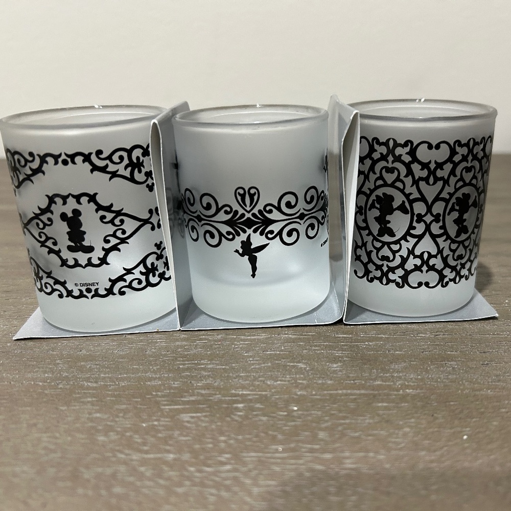 Disney Set of 3 Glass Candle Votive Holders Mickey Minnie Tinkerbell